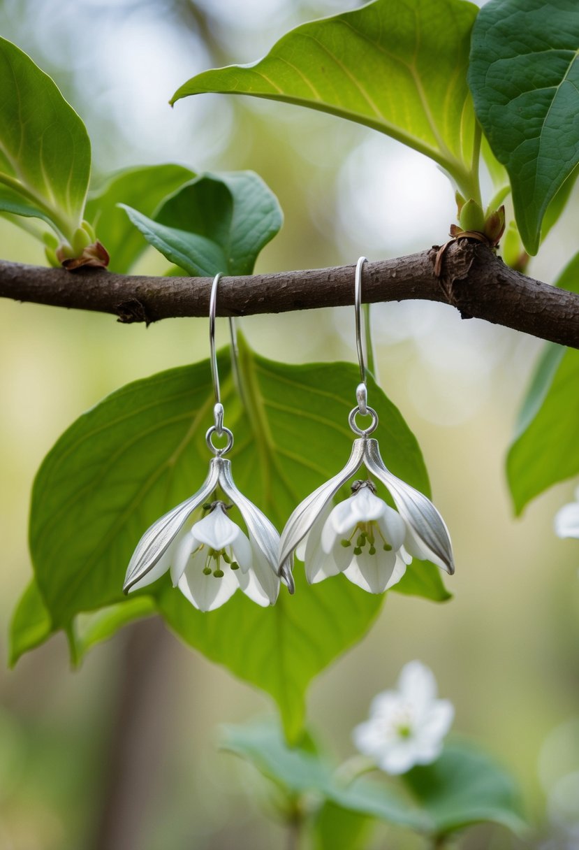 A pair of sterling silver dogwood bloom earrings hanging from a tree branch, surrounded by delicate white flowers and lush green leaves