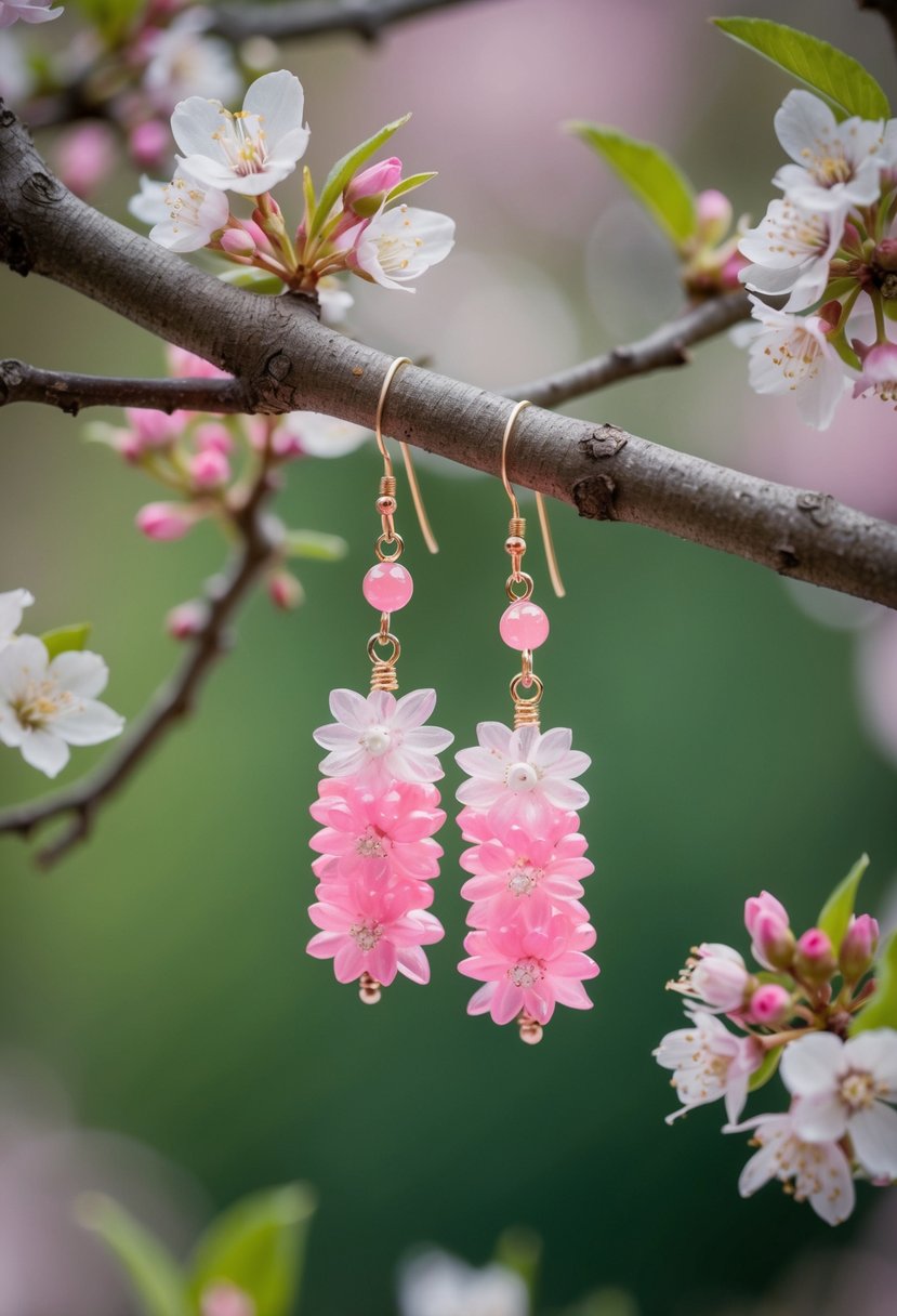 A pair of pink floral beaded earrings hanging from a tree branch, surrounded by delicate blossoms and leaves