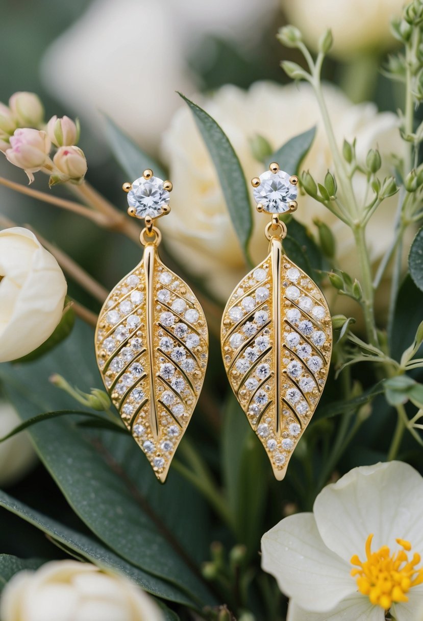 A pair of gold leaf-shaped earrings with sparkling cubic zirconia drops, surrounded by delicate flowers and foliage, evoking a natural and elegant wedding theme