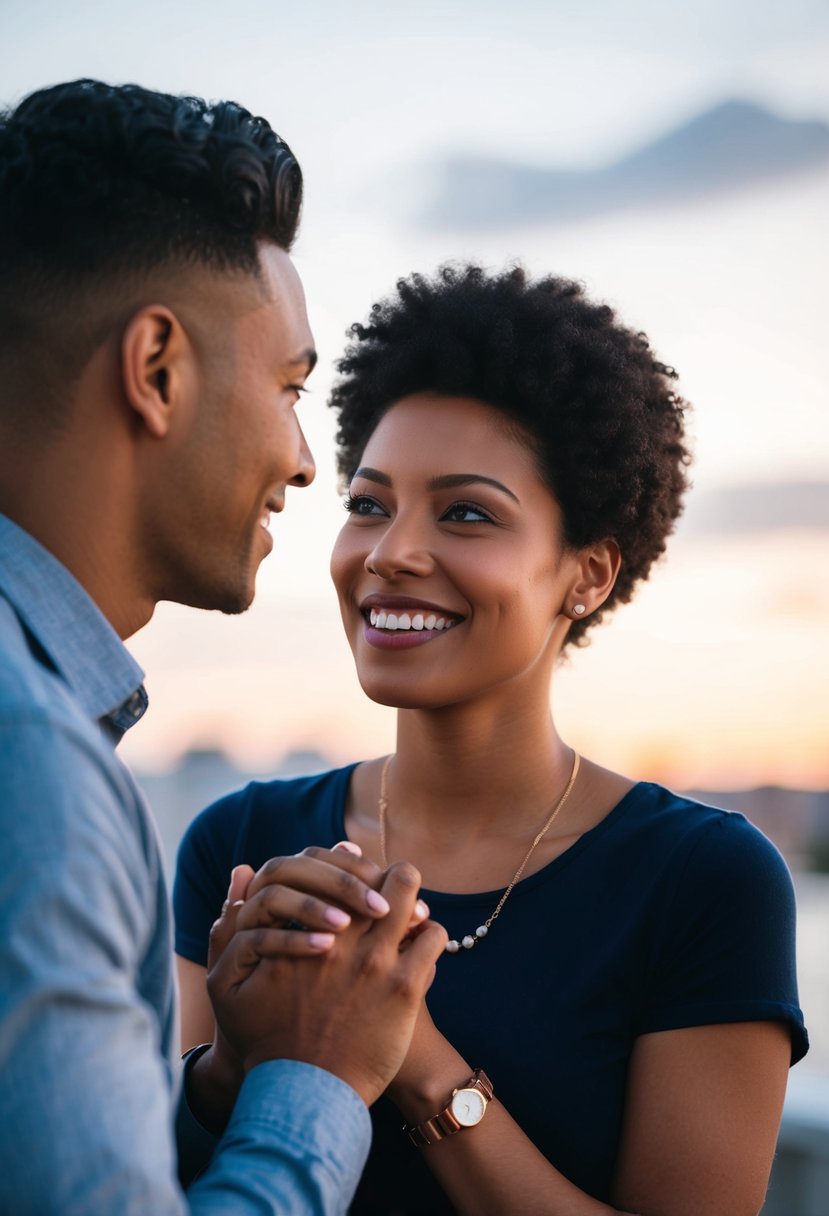 A person standing in front of their partner, hands clasped, looking into their eyes with a genuine smile, expressing their deep admiration and love