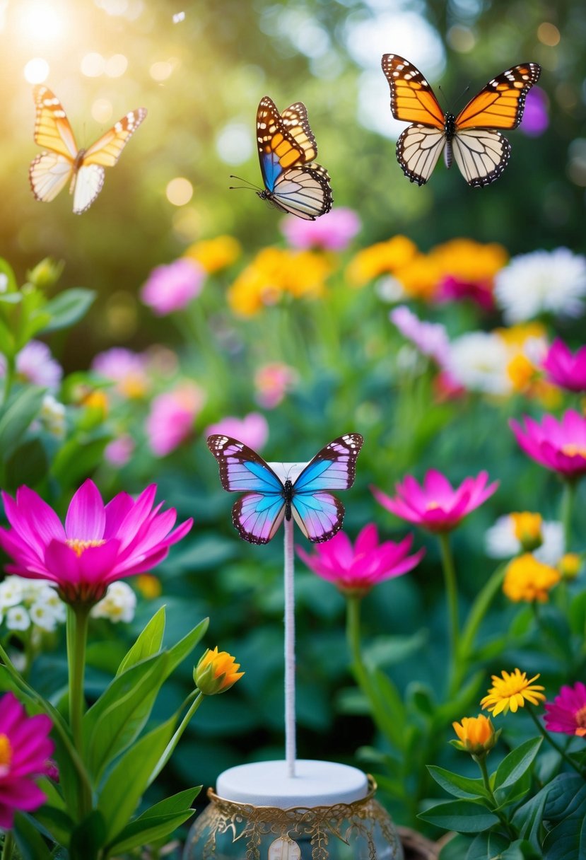 A serene garden with vibrant flowers and fluttering butterflies, showcasing opal butterfly earrings on a delicate display