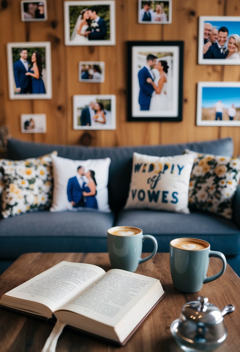 A cozy living room with two mugs of coffee and a book of wedding vows, surrounded by photos of inside jokes and happy memories