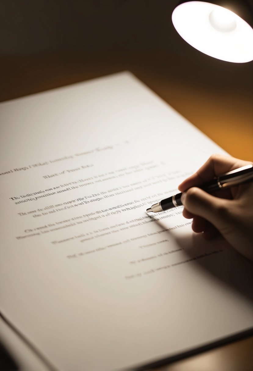 A pen hovers over a blank page, poised to capture the heartfelt words of wedding vows. The soft glow of a desk lamp illuminates the scene, creating a sense of warmth and intimacy