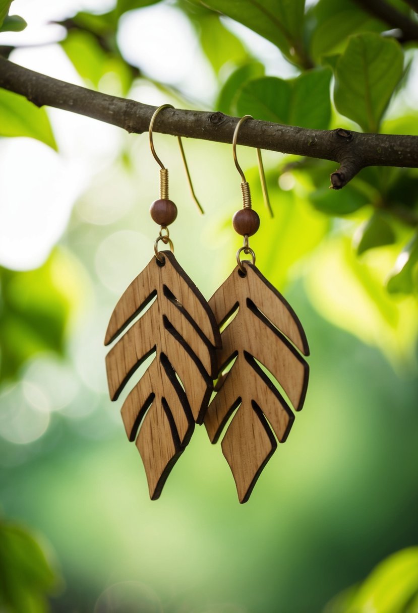 A close-up of wooden leaf dangle earrings hanging from a tree branch, surrounded by lush greenery and soft sunlight filtering through the leaves