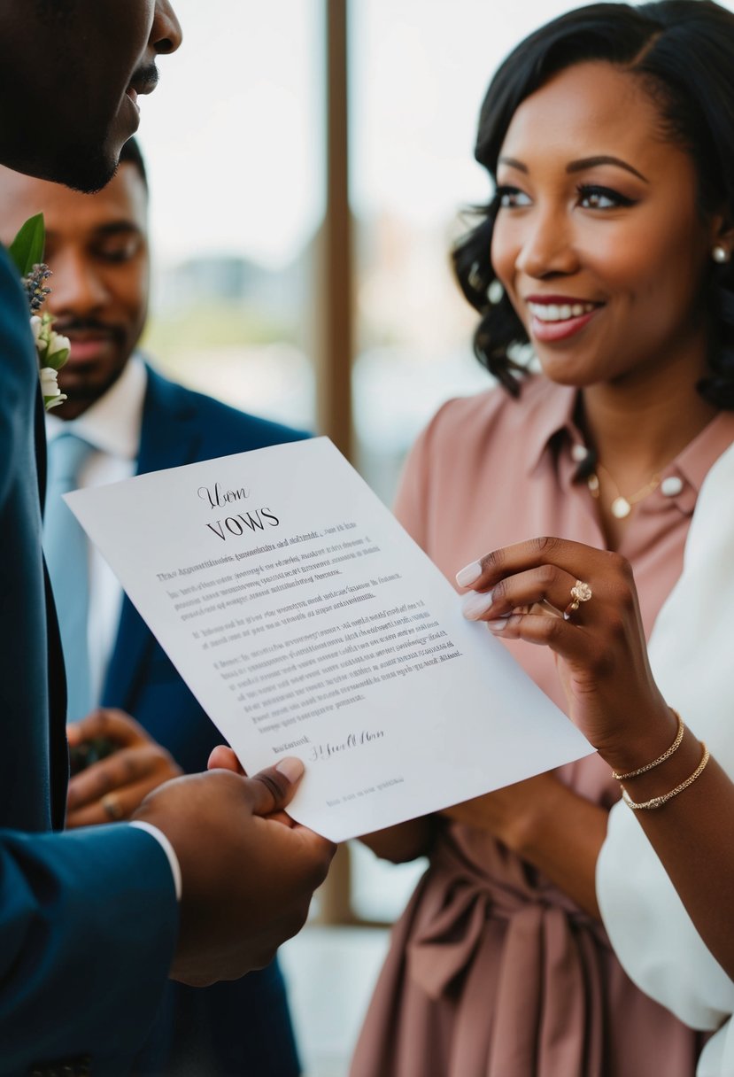 A person holding a piece of paper with wedding vows, while another person gives feedback with a thoughtful expression