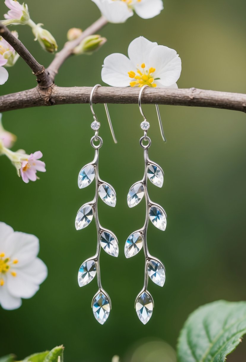 A pair of Swarovski crystal vine earrings hanging from a branch, surrounded by delicate flowers and leaves, evoking a nature-inspired wedding theme