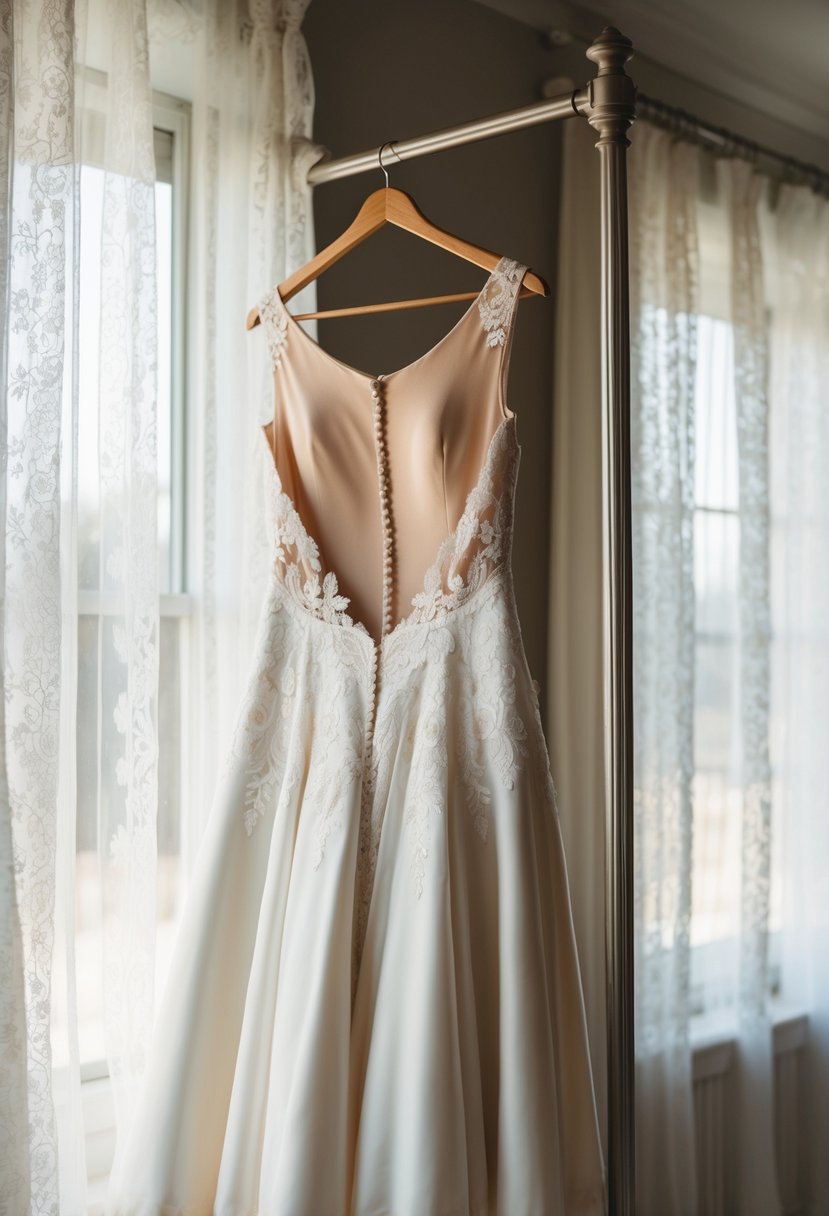 An elegant open back wedding dress hanging on a vintage-style coat rack, surrounded by soft natural light streaming through lace curtains