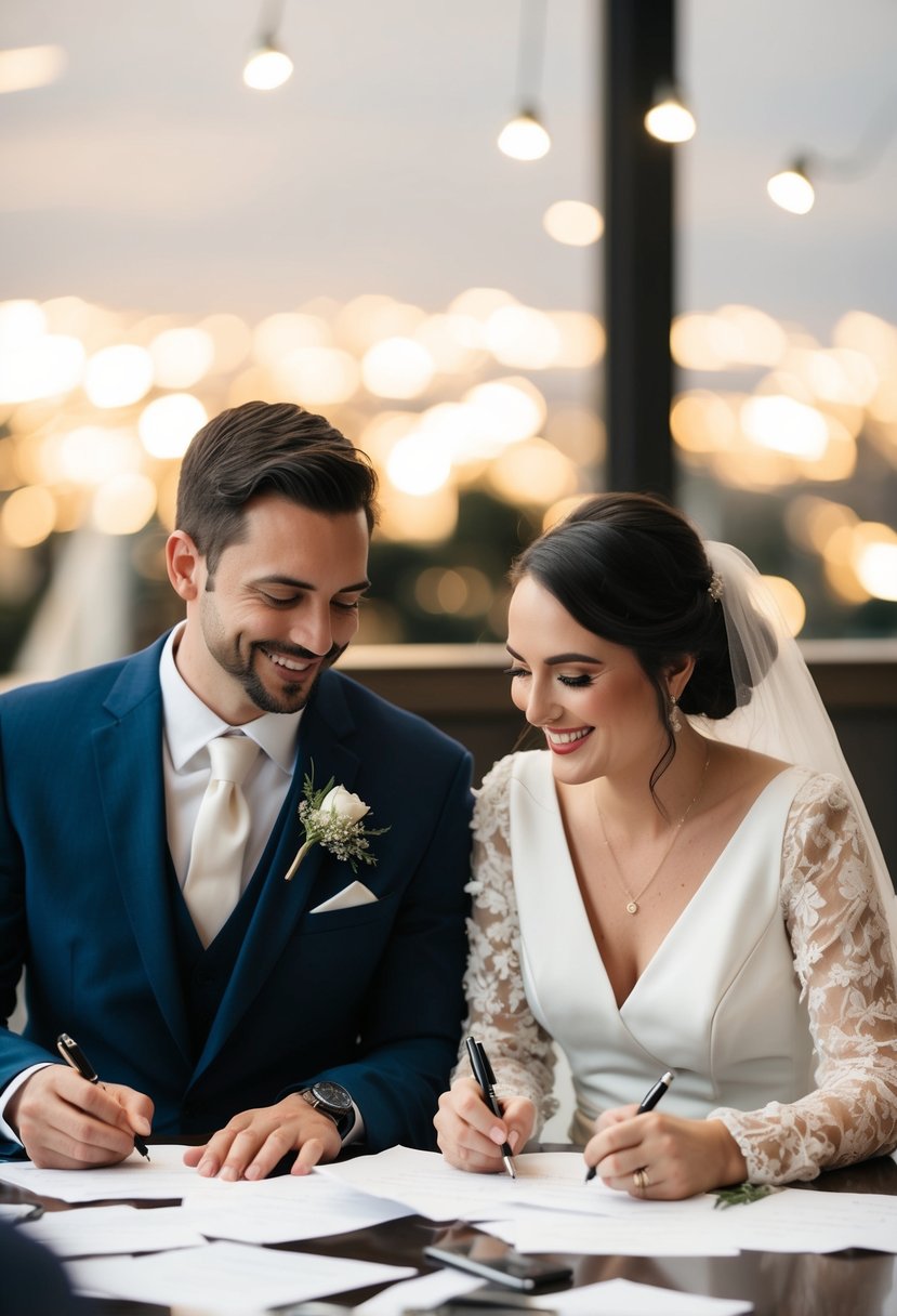 A couple sits at a table, surrounded by crumpled papers and pens. They smile as they write heartfelt vows, capturing their unique love story