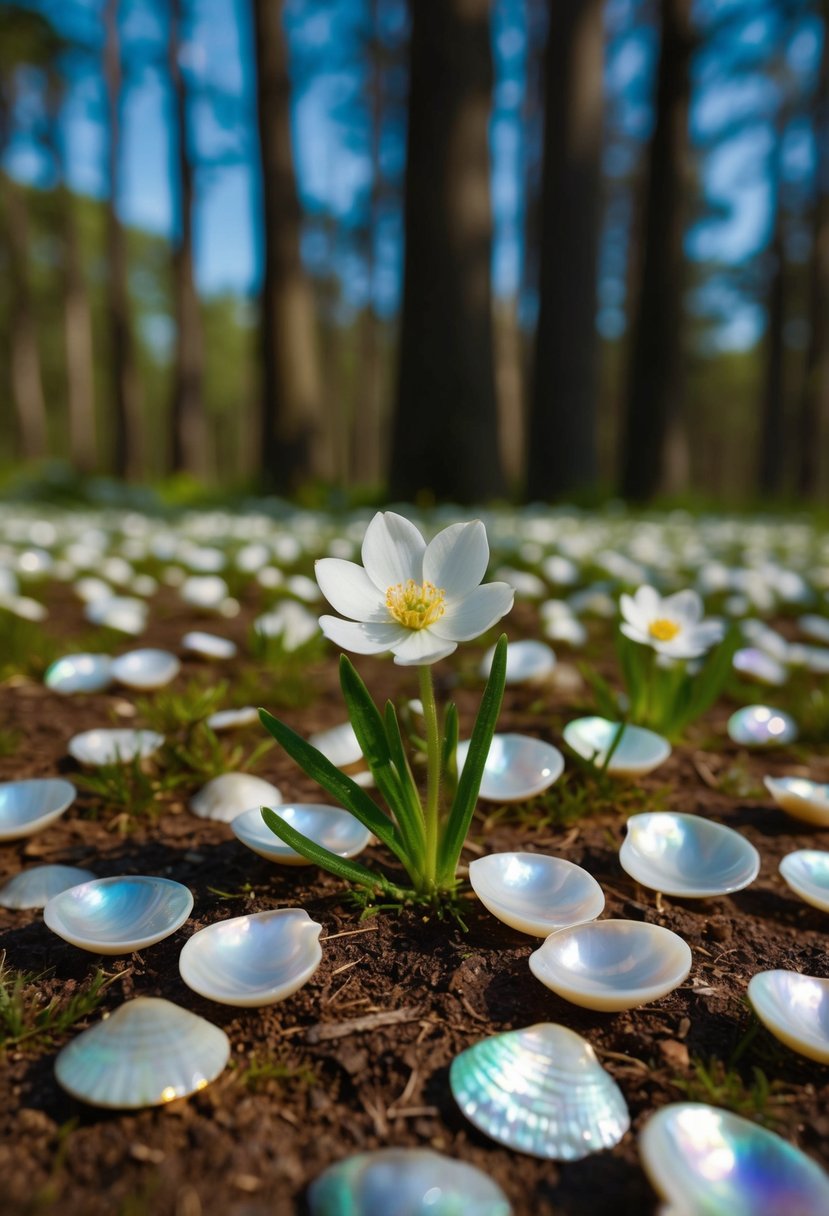 A serene forest clearing with delicate white flowers and iridescent mother of pearl shells scattered on the ground, catching the sunlight