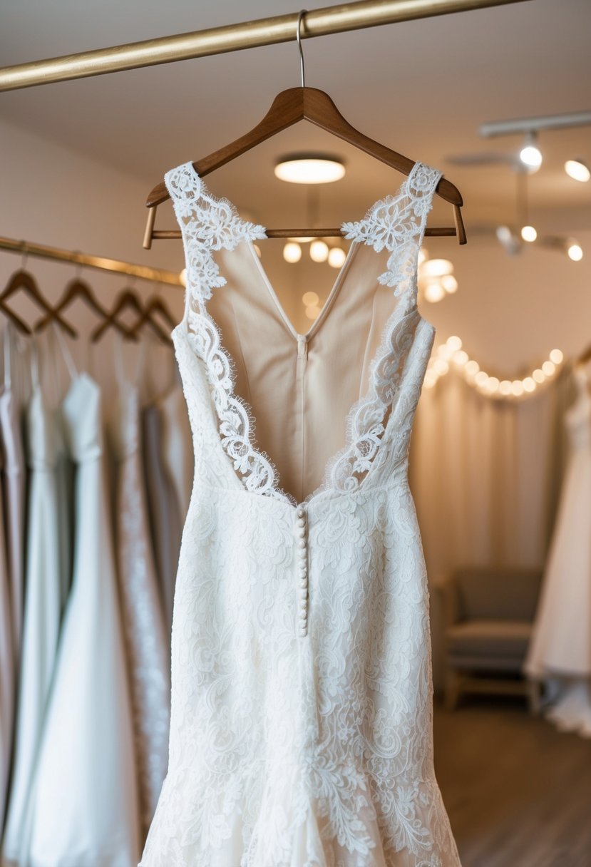 A lace fit-and-flare wedding dress with an open back, hanging on a vintage wooden hanger in a softly lit bridal boutique