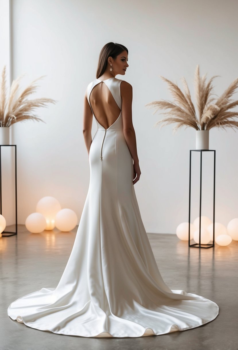 A bride stands in a sleek, modern silk A-line gown, with an open back, surrounded by minimalist decor and soft, romantic lighting