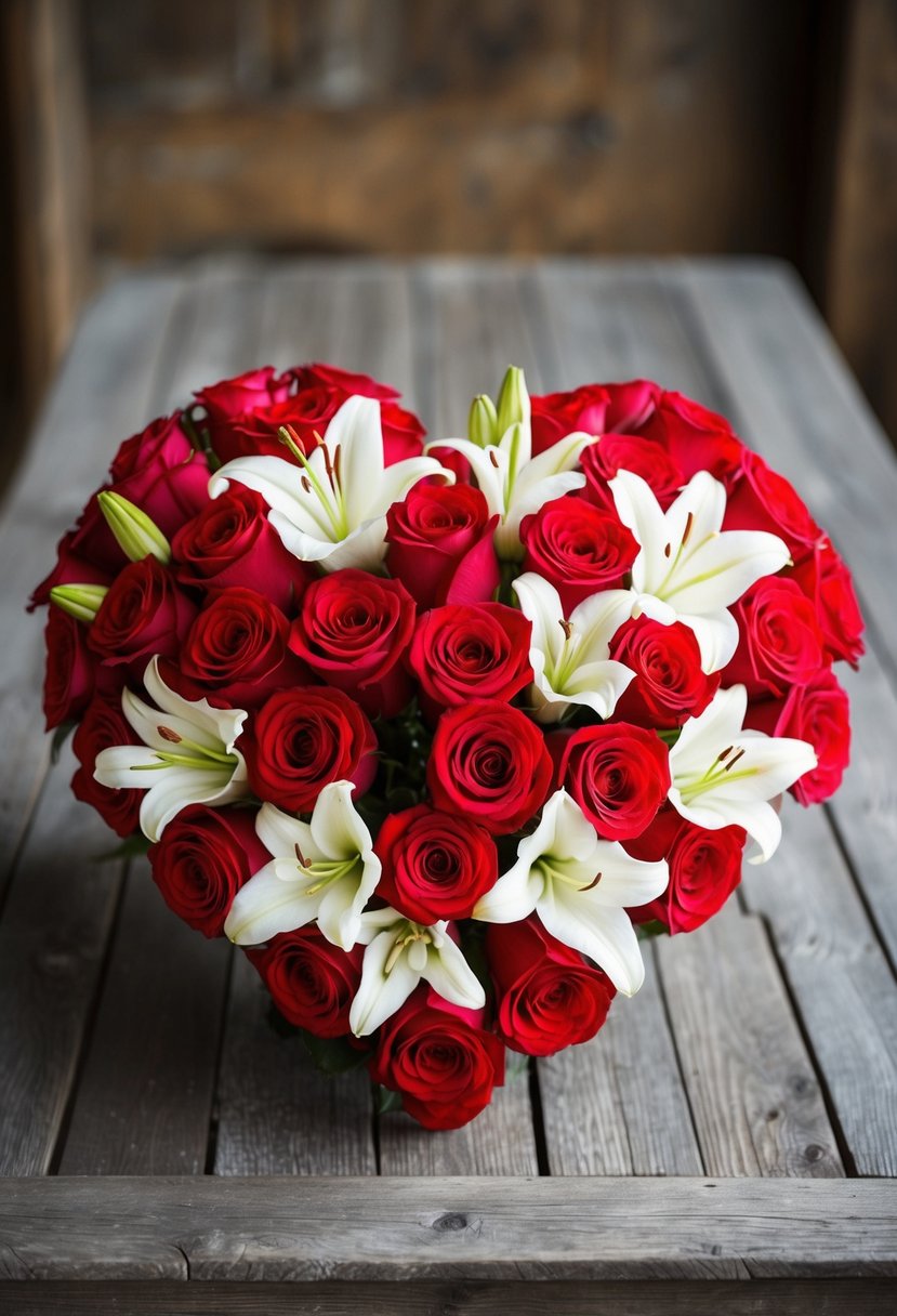 A heart-shaped bouquet of vibrant red roses and delicate white lilies, symbolizing love and purity, rests on a rustic wooden table