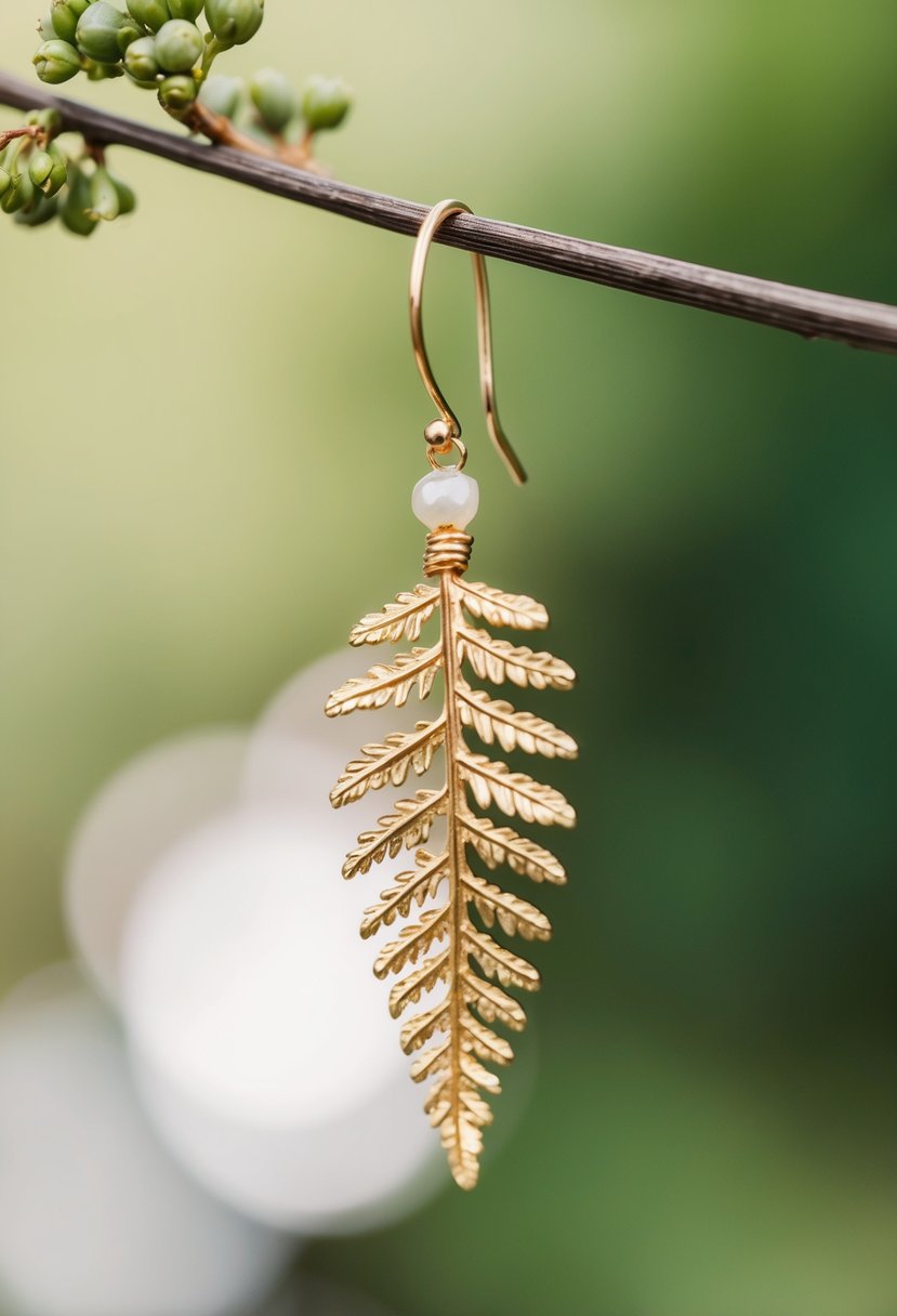 A delicate gold fern leaf dangles from a threader earring, with a natural and elegant feel, perfect for a nature-inspired wedding