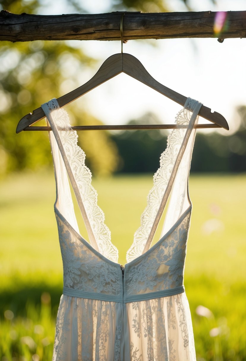 A vintage lace low back dress hangs from a rustic wooden hanger, with soft sunlight filtering through the delicate fabric