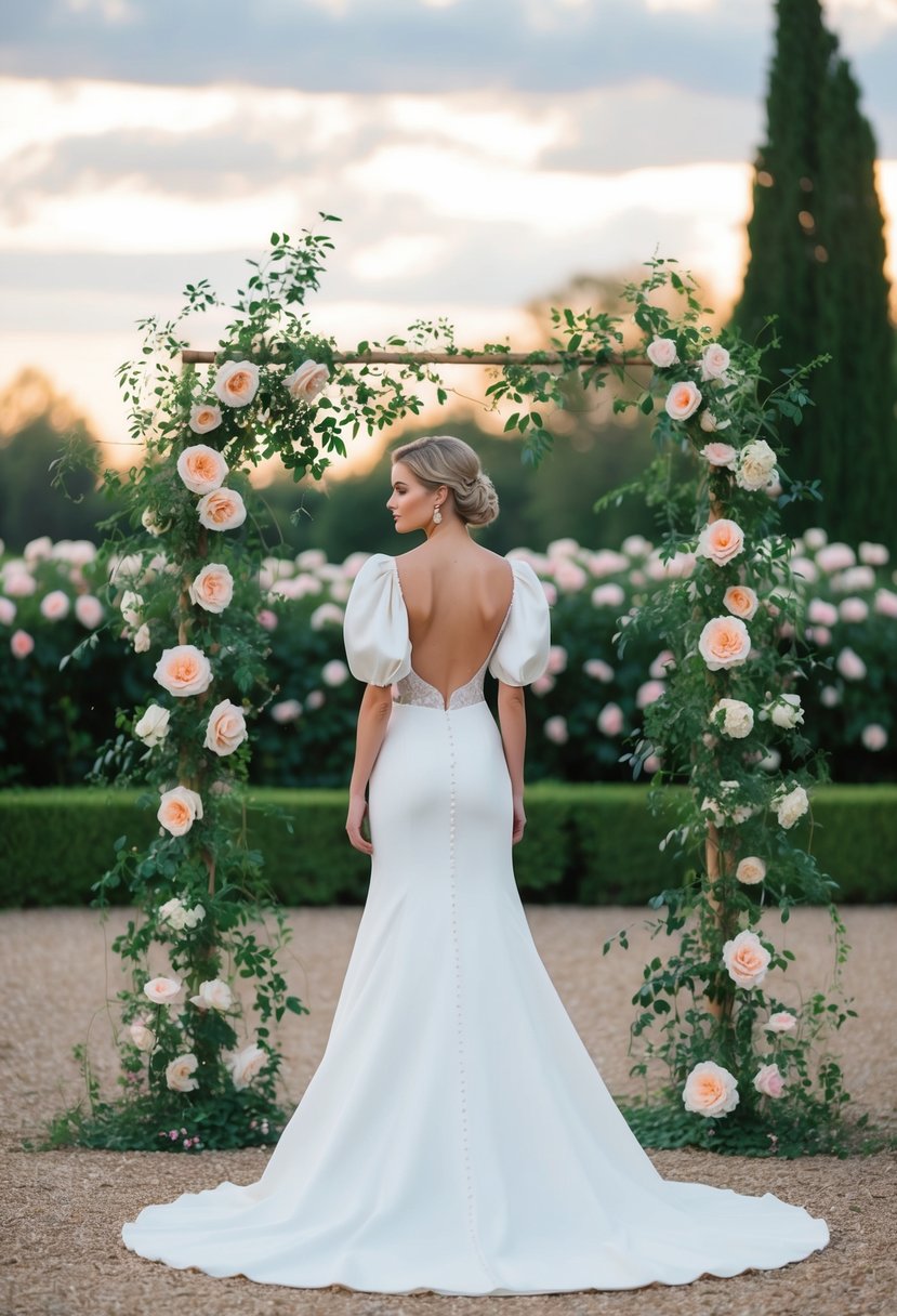 A bride stands in a puff-sleeved, open-back wedding dress, surrounded by blooming roses and trailing greenery