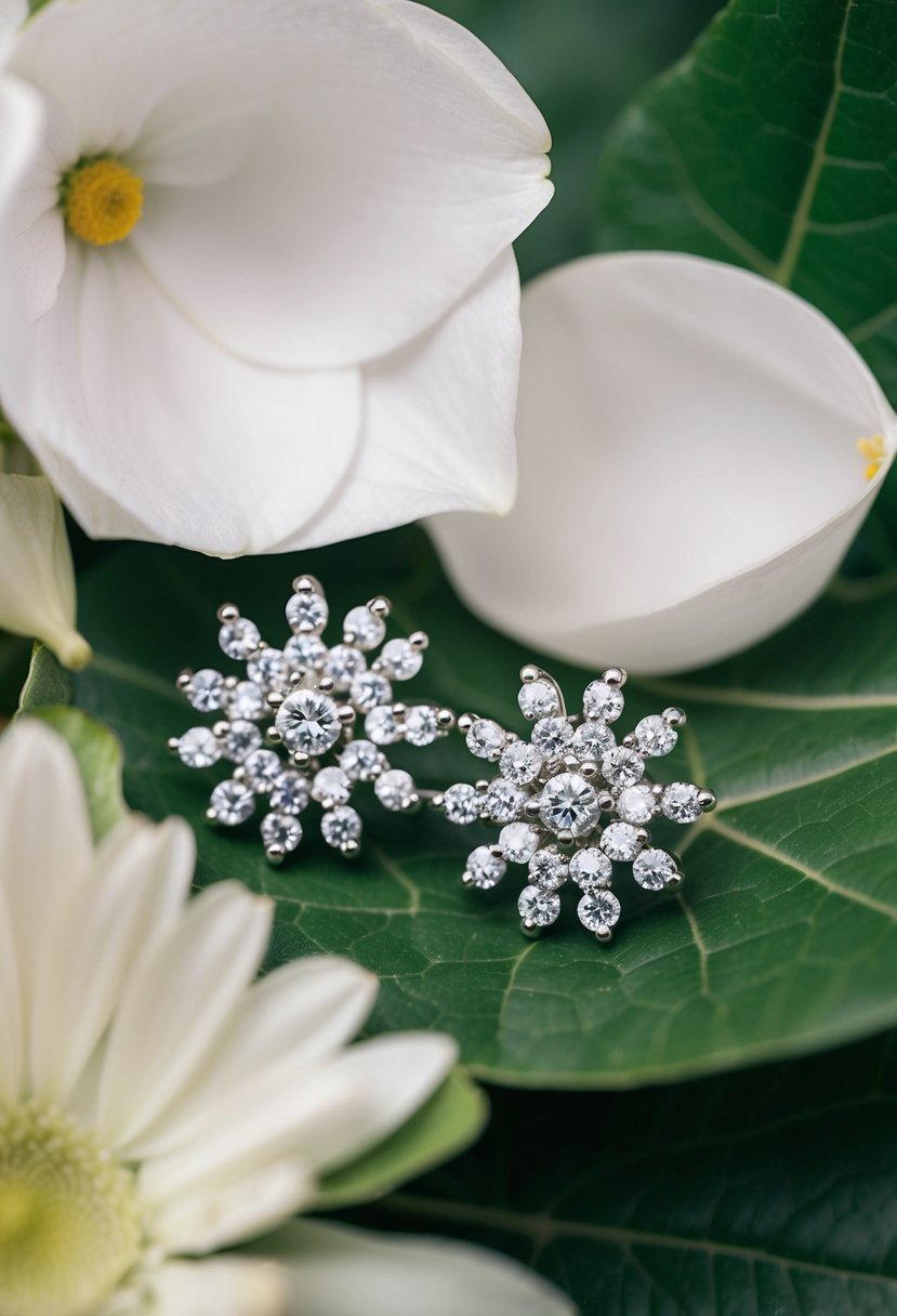 A close-up of delicate daisy cluster earrings sparkling with rhinestones, nestled among petals and leaves, evoking a nature-inspired wedding theme