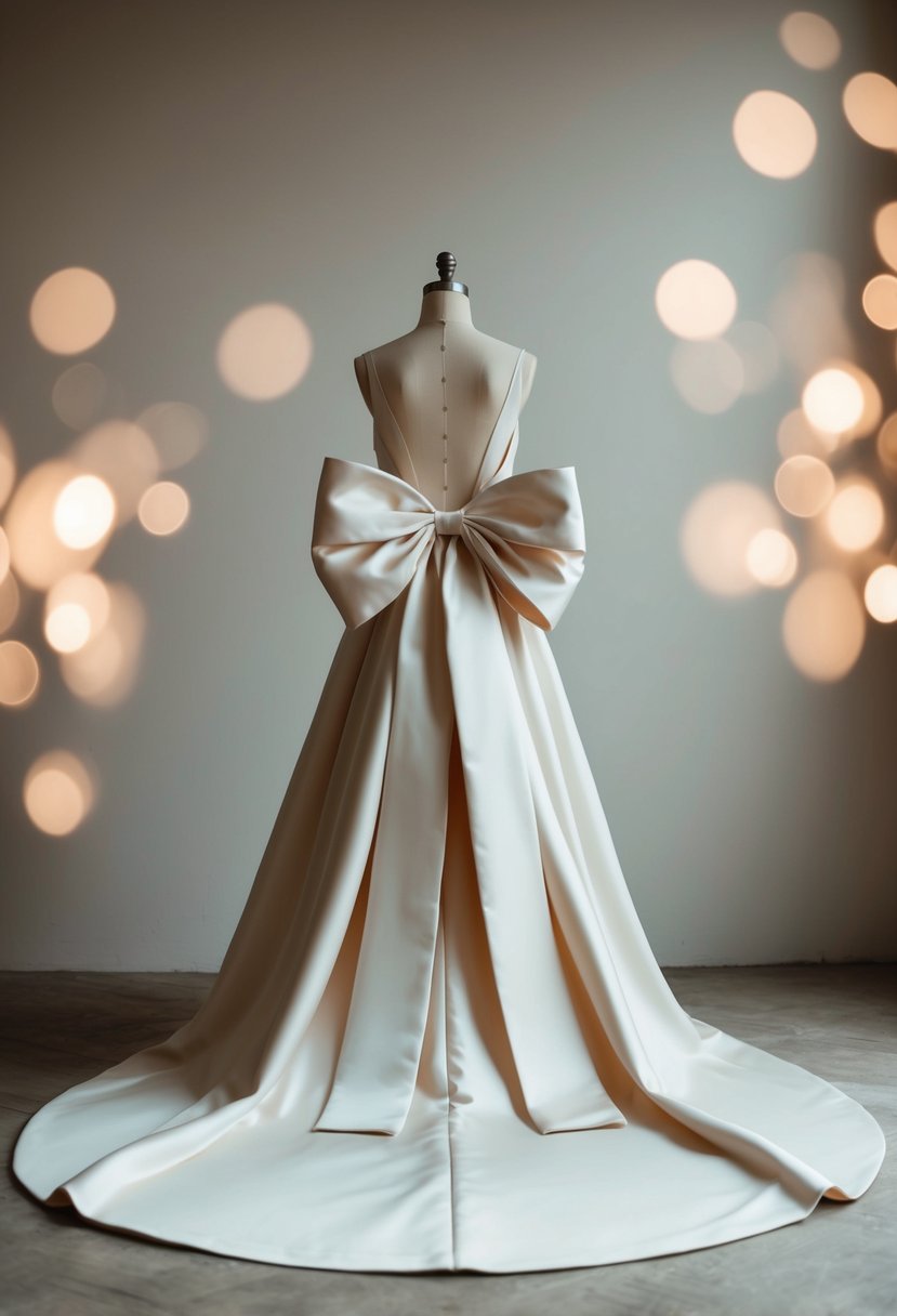 An elegant open-back dress with a large oversized bow cascading down the back, creating a dramatic and romantic silhouette