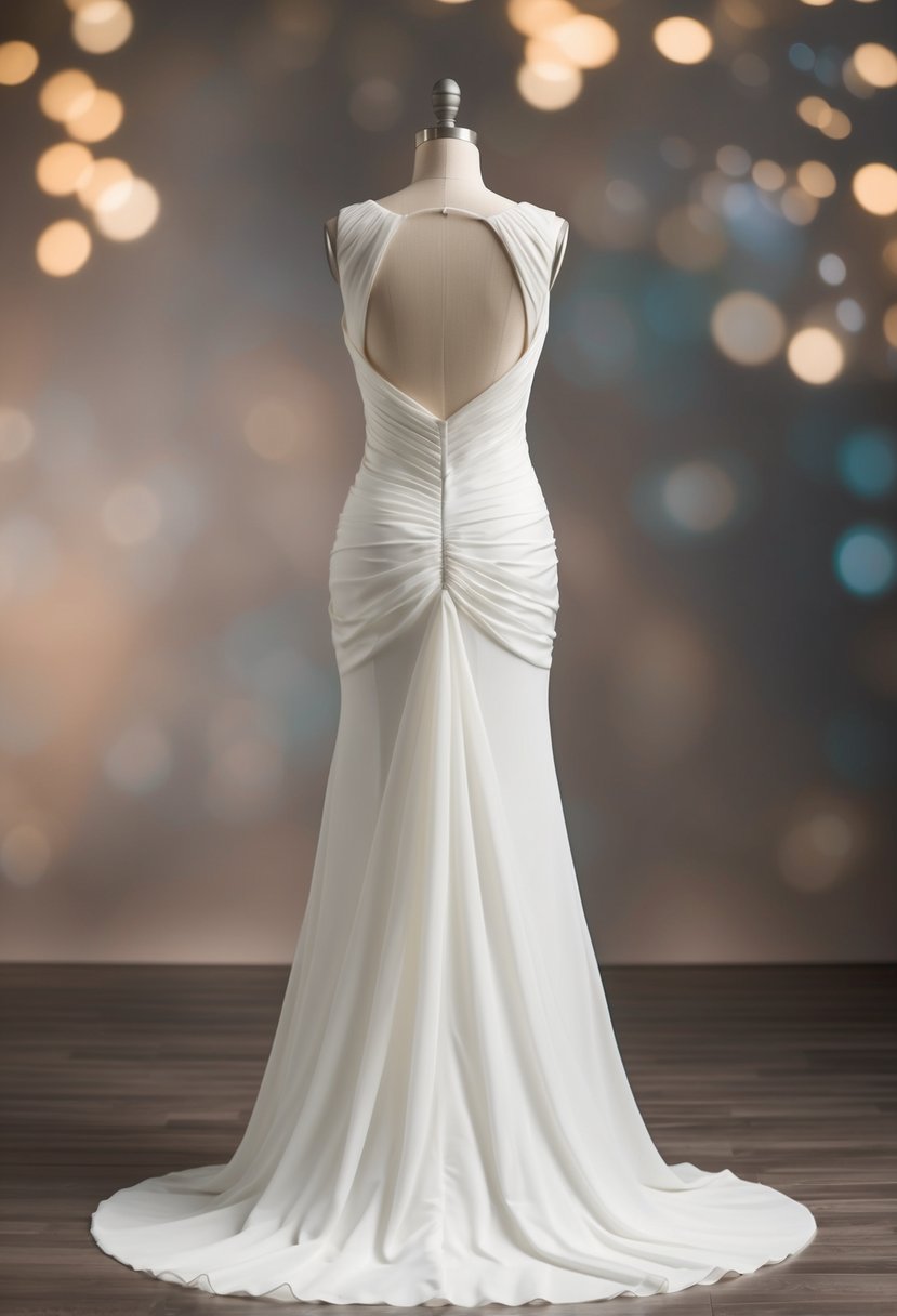 A flowing, floor-length wedding dress with a ruched bodice and an elegant open back detail