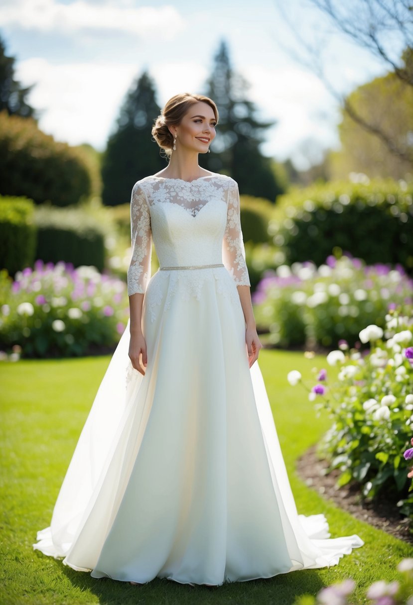 A bride standing in a garden, wearing a 3/4 sleeve wedding dress with lace detailing and a flowing skirt, surrounded by blooming flowers