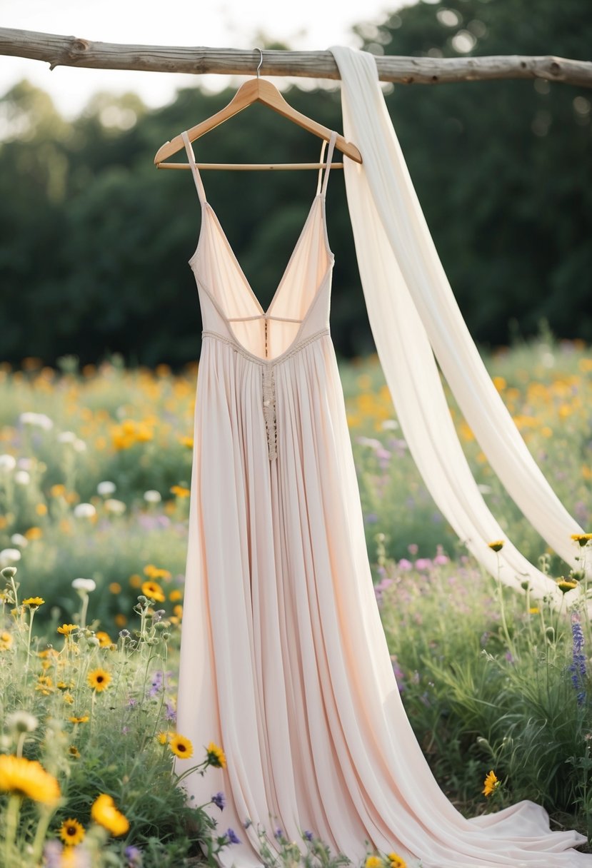 A flowing, bohemian-style open back dress hangs on a rustic wooden hanger, surrounded by wildflowers and draped fabric