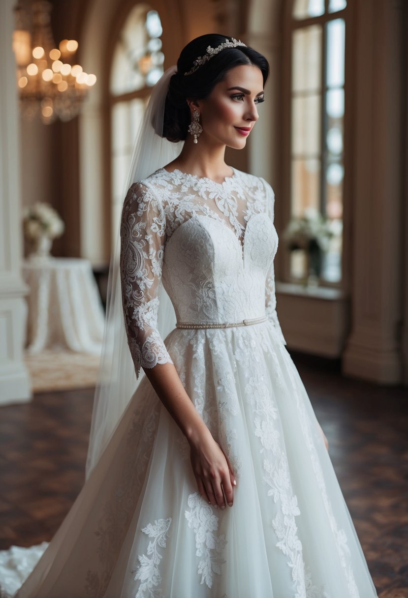 An elegant lace wedding dress with 3/4 sleeves, featuring a vintage-inspired design with intricate details and a timeless silhouette