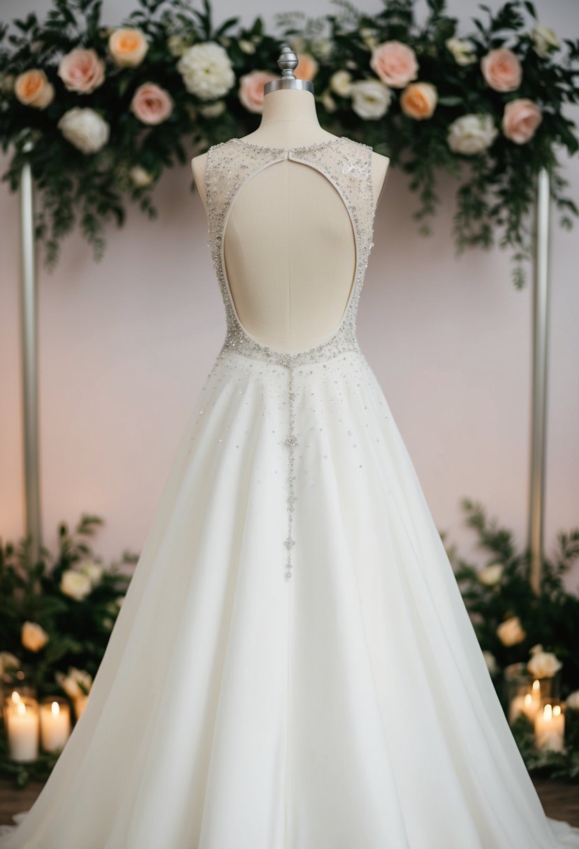 An elegant crystal-embellished open back wedding dress displayed on a mannequin with soft lighting and a floral backdrop