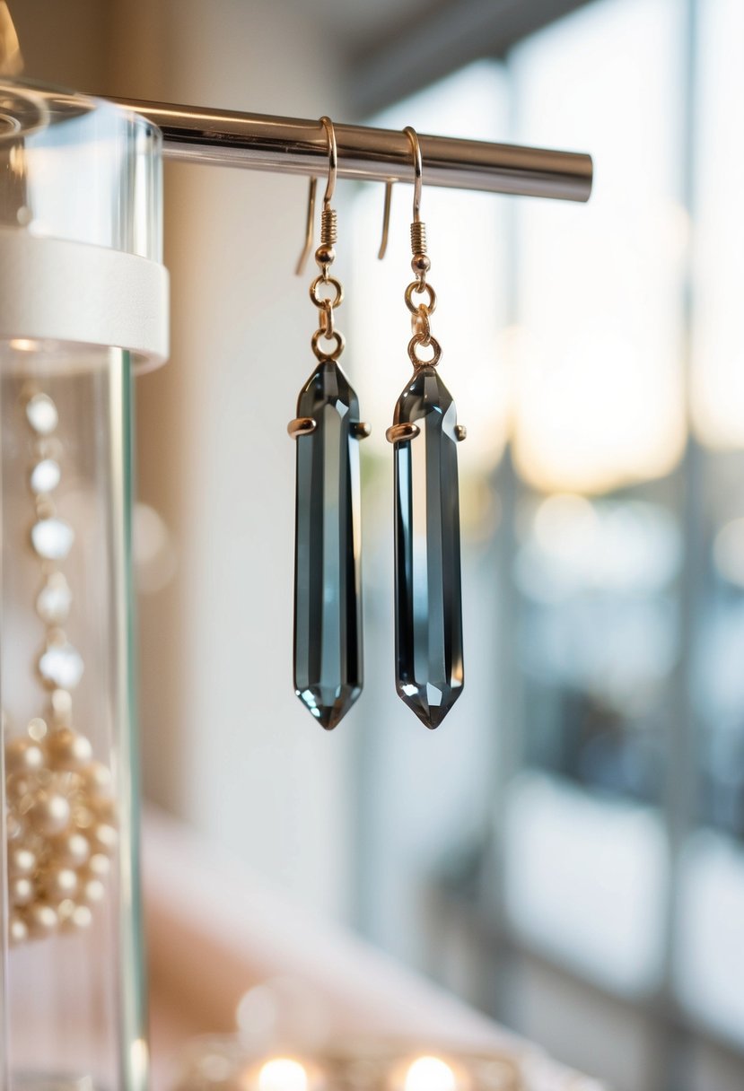 A delicate smokey gray quartz crystal earring dangles from a display, catching the light in a bridal boutique