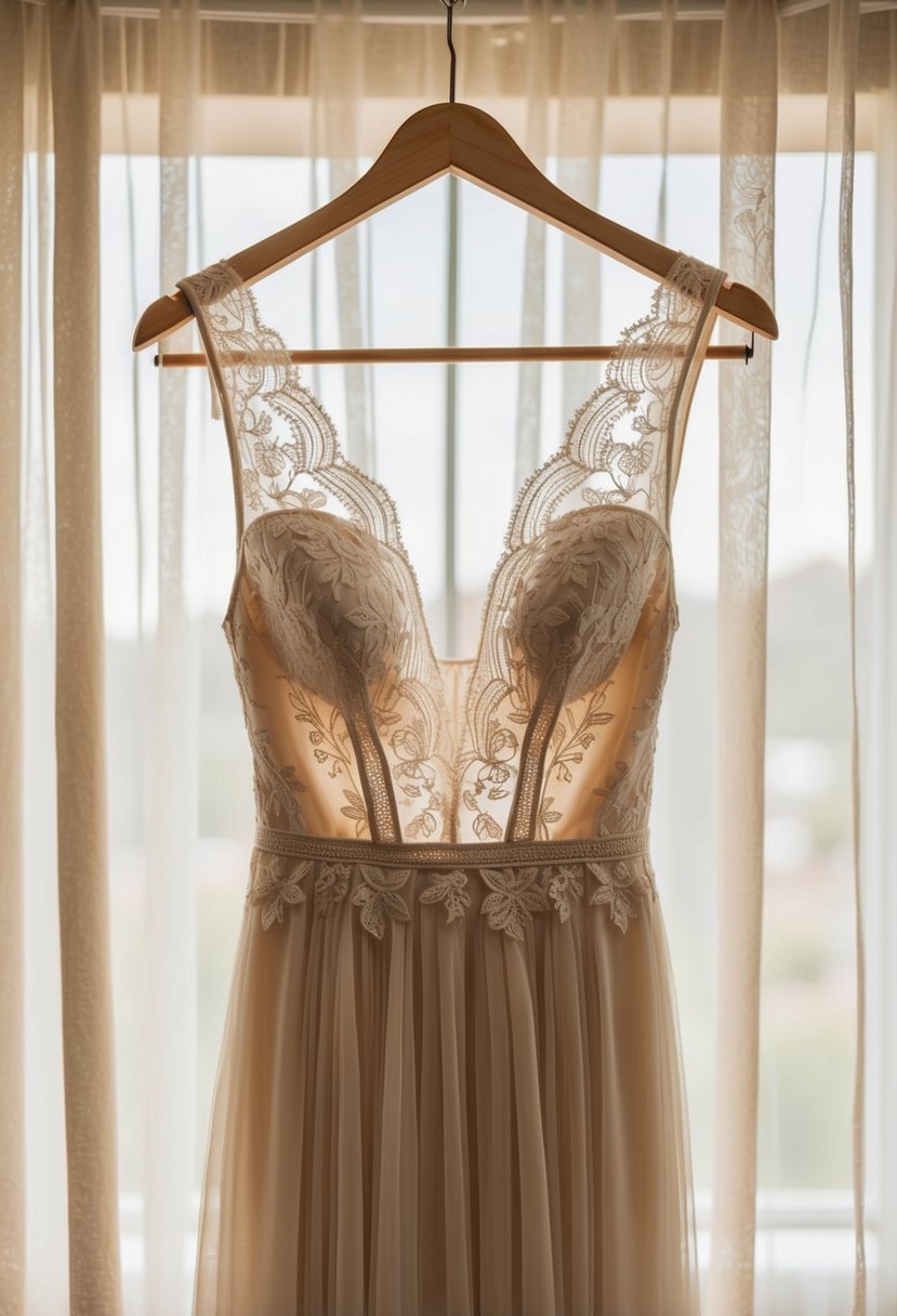 An intricate neckline backless dress hangs on a hanger, draped in soft light, with delicate lace and flowing fabric