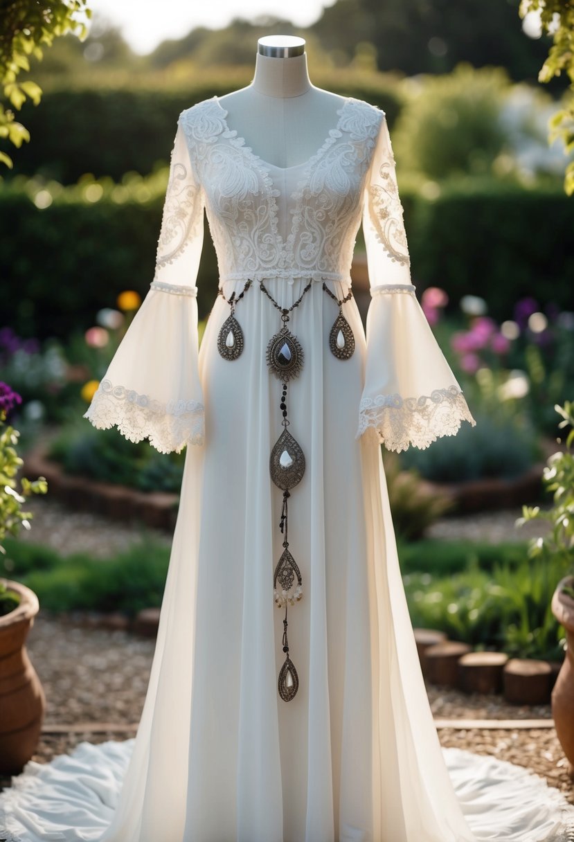 A bohemian wedding dress with bell sleeves, adorned with intricate charms and lace details, set against a backdrop of a whimsical outdoor garden