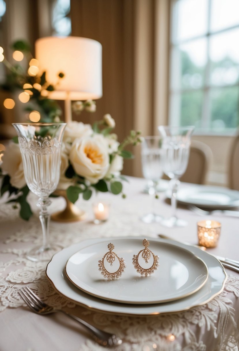 A vintage-inspired table with elegant earrings, soft lighting, and delicate lace, evoking a romantic wedding atmosphere