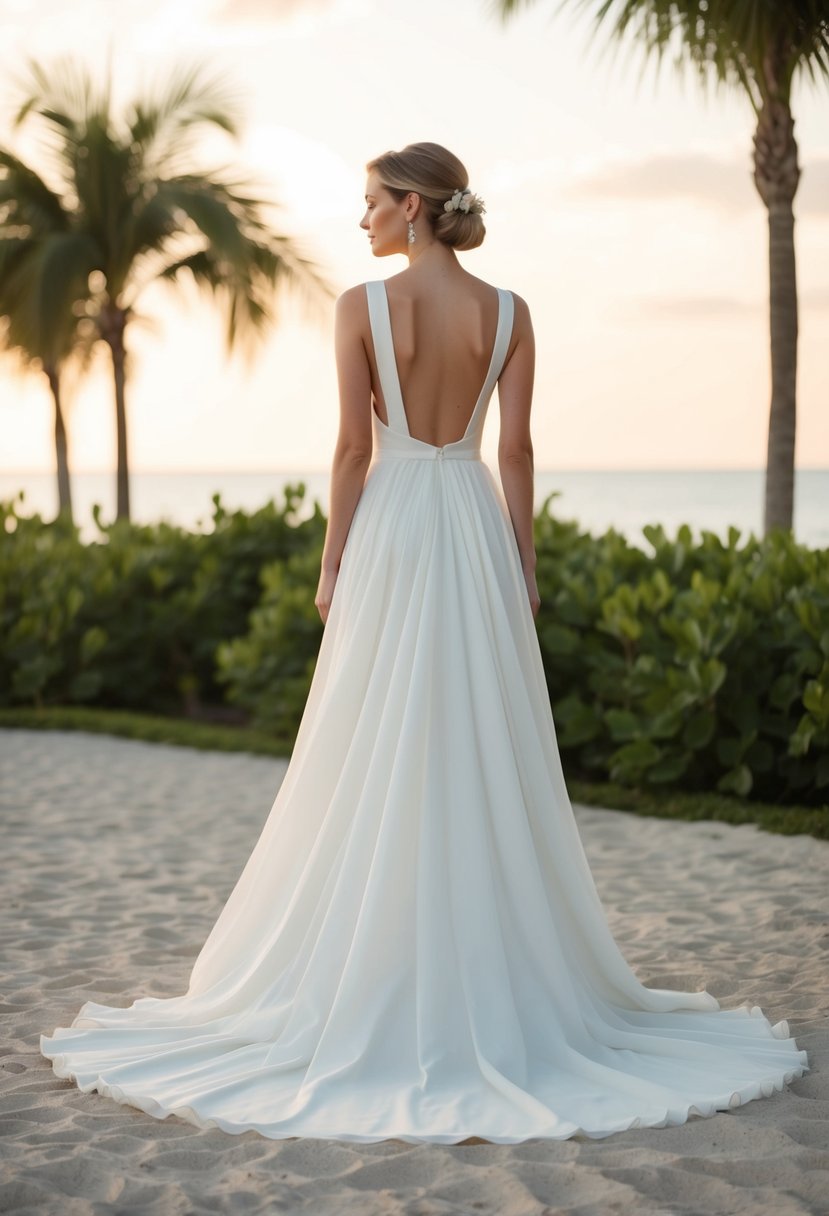 A flowing wedding dress with a grosgrain ribbon strap and an open back, set against a backdrop of a serene garden or beach setting