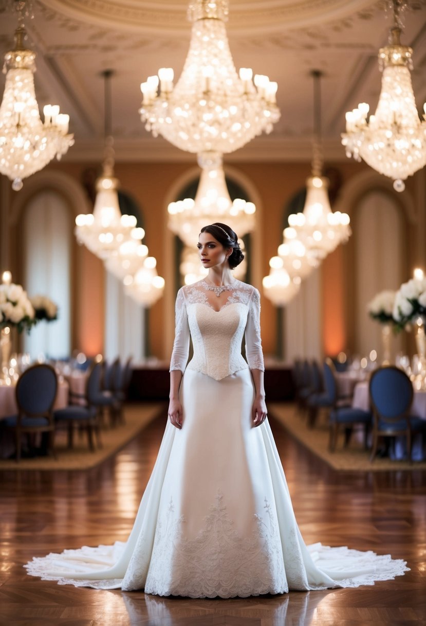 A bride stands in a grand ballroom, wearing a Victorian-inspired 3/4 sleeve wedding dress. The room is filled with ornate chandeliers and opulent decor