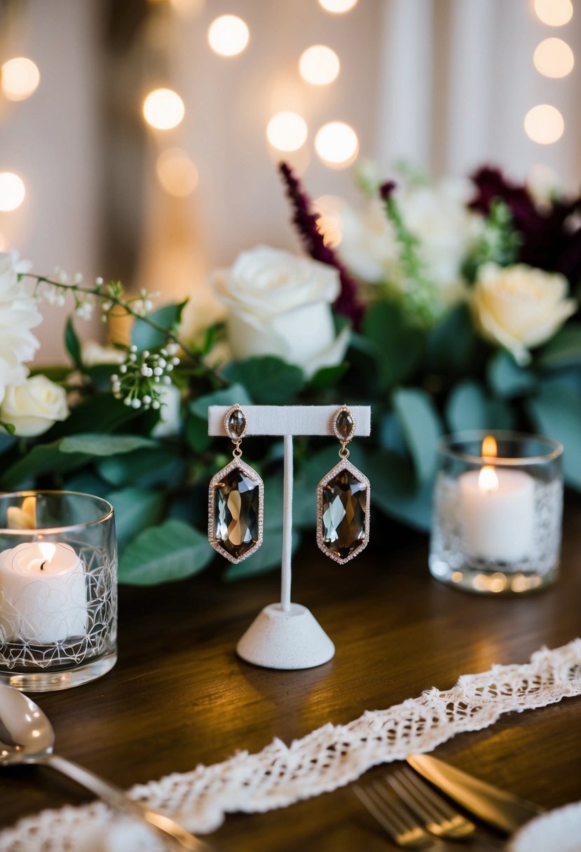 A bohemian-themed table with smoky quartz crystal earrings displayed among wedding decor