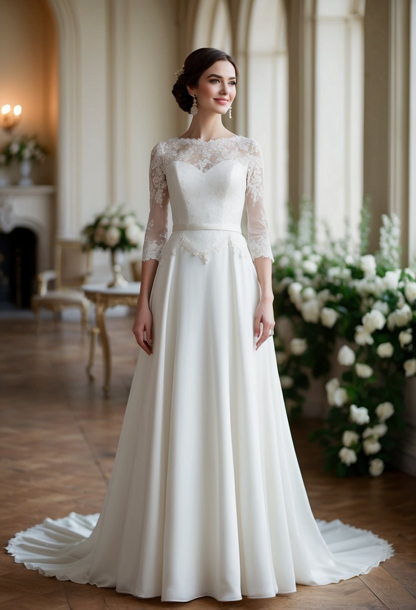 A vintage-inspired wedding dress with lace details and a three-quarter sleeve, set in a grand and elegant estate reminiscent of Downton Abbey