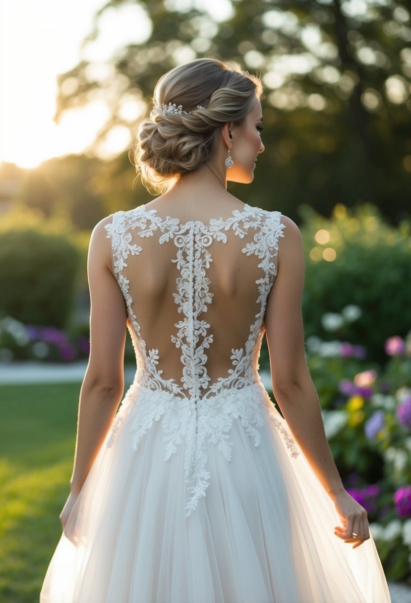 A flowing illusion back wedding dress with intricate lace details cascading down the open back, catching the light in a romantic outdoor setting