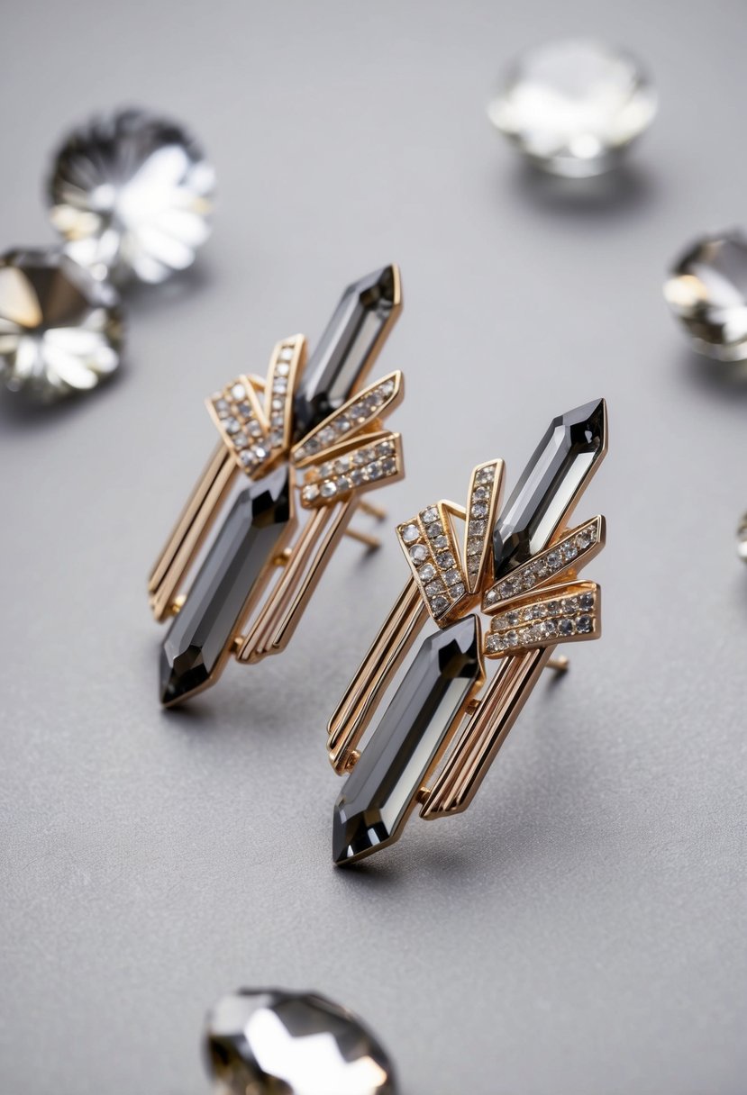 A sleek, elegant earring design with geometric Art Deco elements and shimmering smokey gray quartz crystals, perfect for a sophisticated wedding ensemble