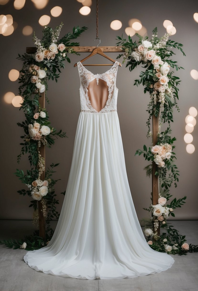 A flowing open back gown hangs from a rustic wooden hanger, surrounded by delicate lace and floral embellishments