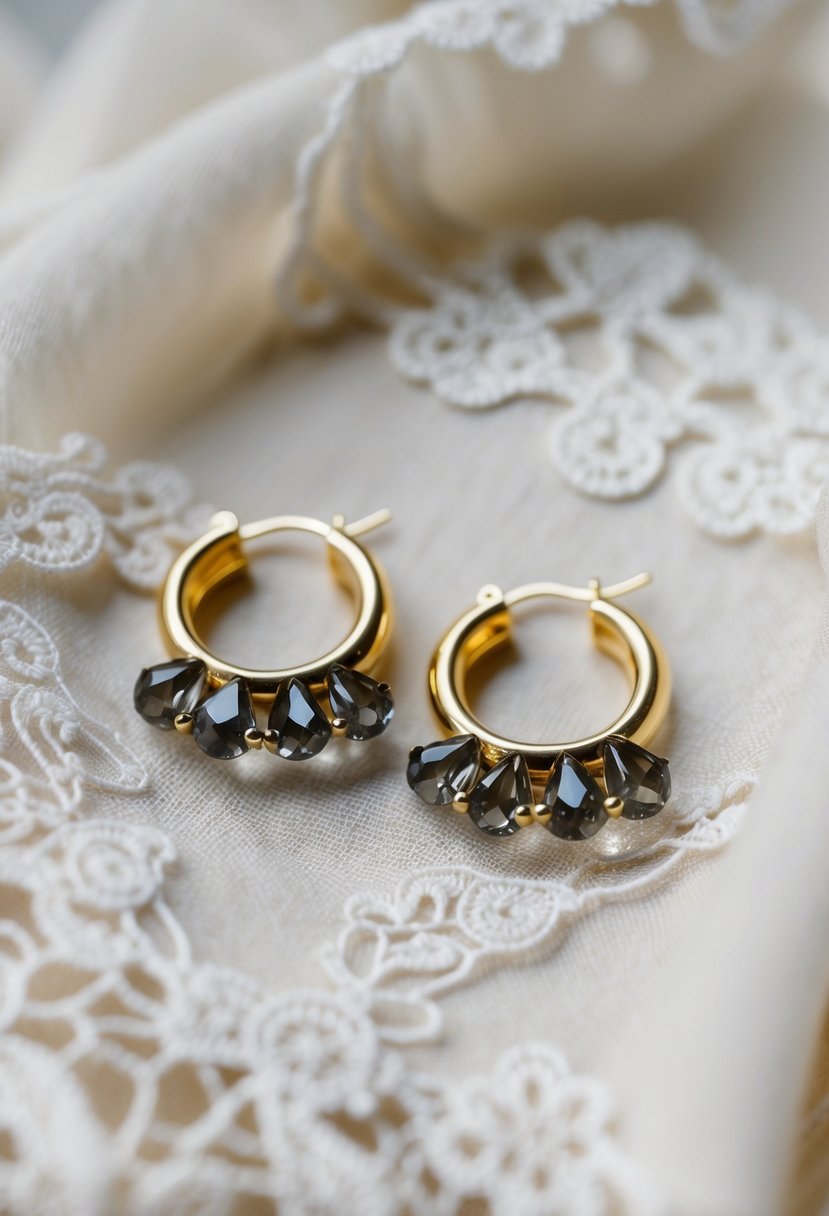 A pair of gold-filled hoop earrings with smokey gray quartz crystals, arranged on a delicate lace fabric with soft, romantic lighting