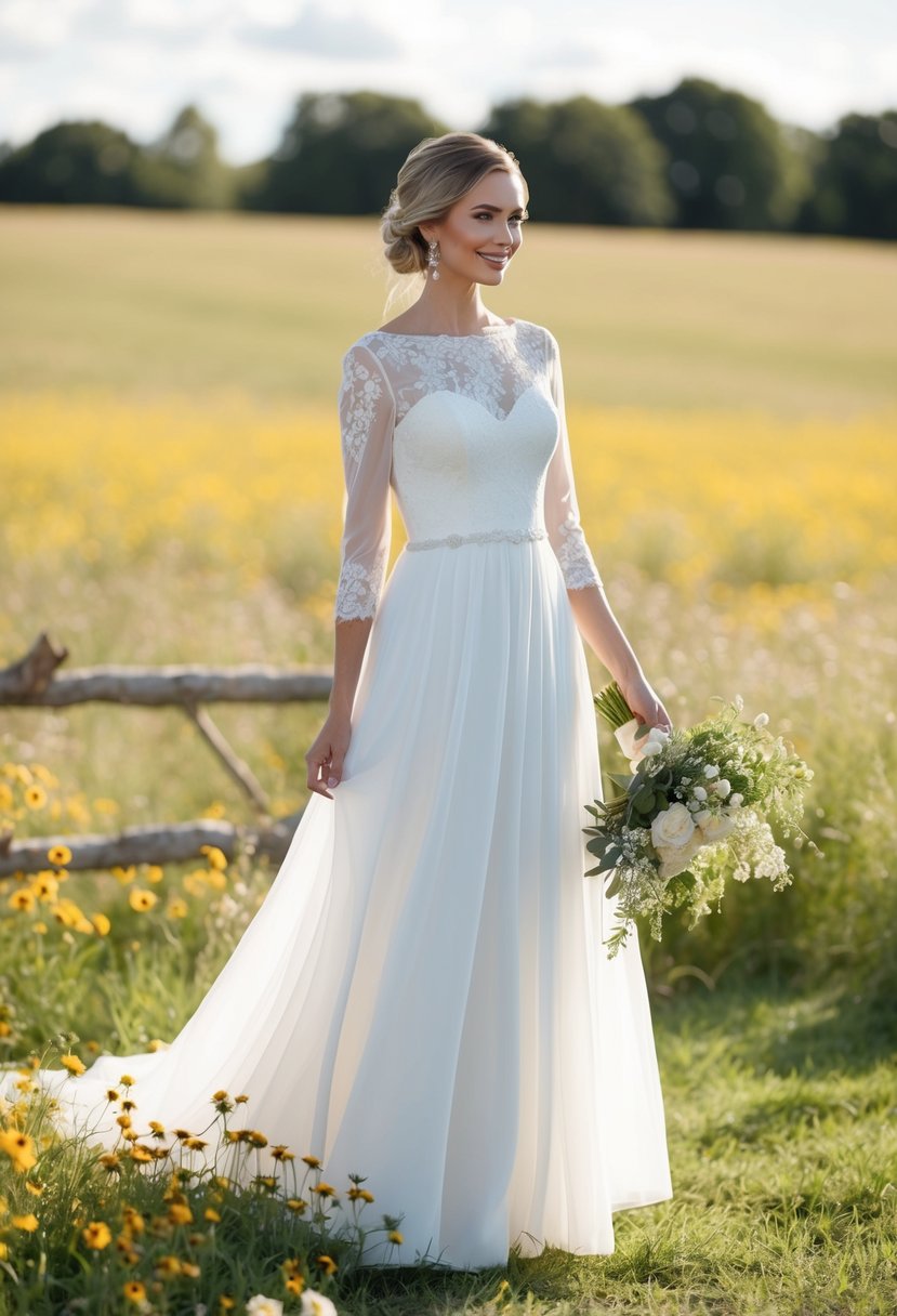 A bride stands in a sunlit field, wearing a flowing 3/4 sleeve wedding dress with delicate lace detailing, surrounded by wildflowers and rustic wooden accents