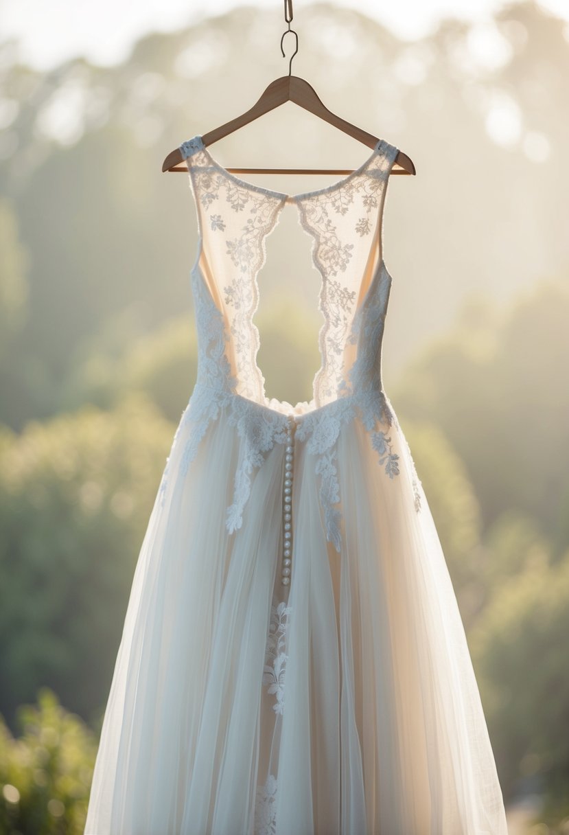 A delicate tulle and lace wedding dress with an open back, hanging on a vintage hanger against a soft, ethereal background