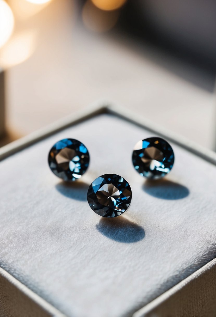 A close-up of elegant smokey gray quartz crystal studs on a velvet display, with soft lighting to capture their sparkle