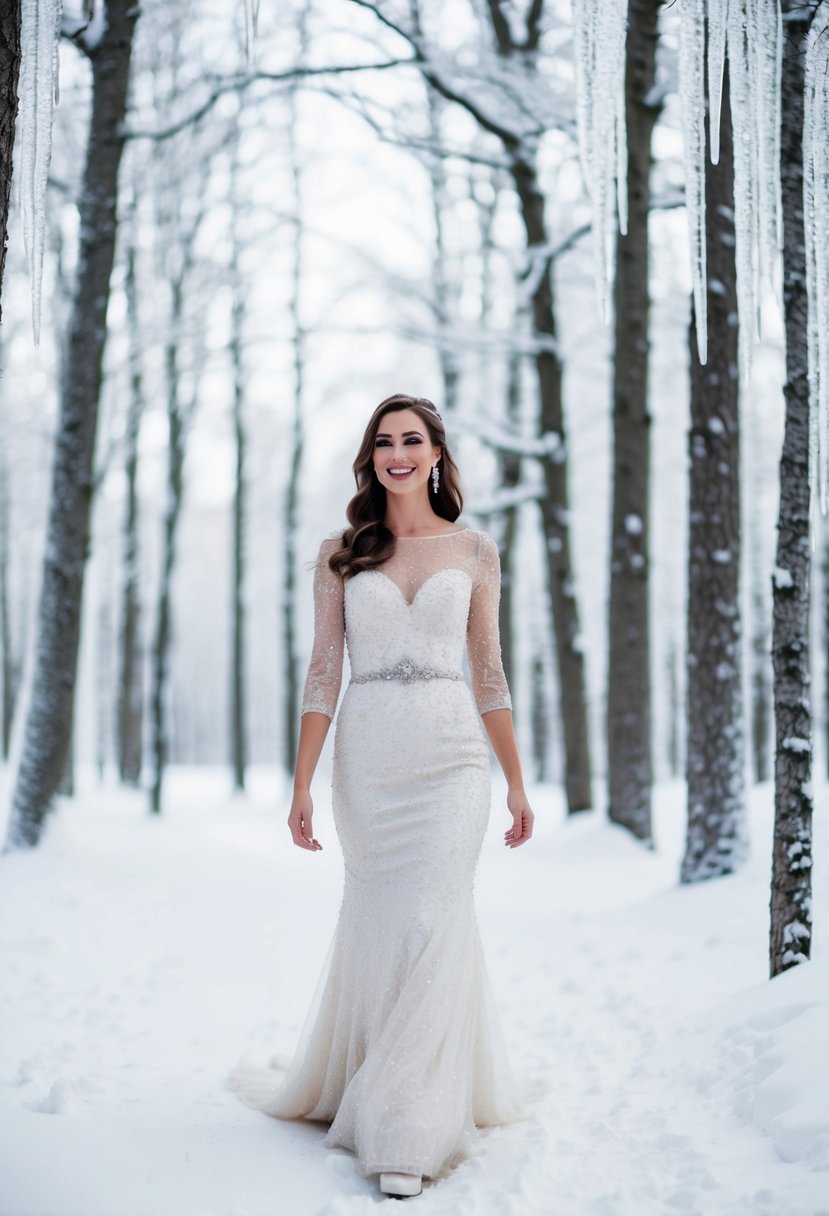 A bride walks through a snowy forest in a sparkling, floor-length wedding dress with three-quarter sleeves, surrounded by glittering icicles and snow-covered trees