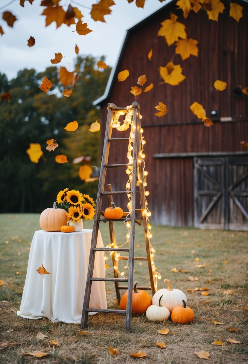 A rustic barn setting with golden leaves falling, a vintage ladder draped with twinkle lights, and a table adorned with pumpkins and sunflowers