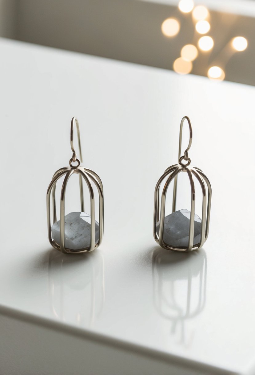 Two minimalist grey quartz cage earrings displayed on a clean, white surface with soft, natural lighting