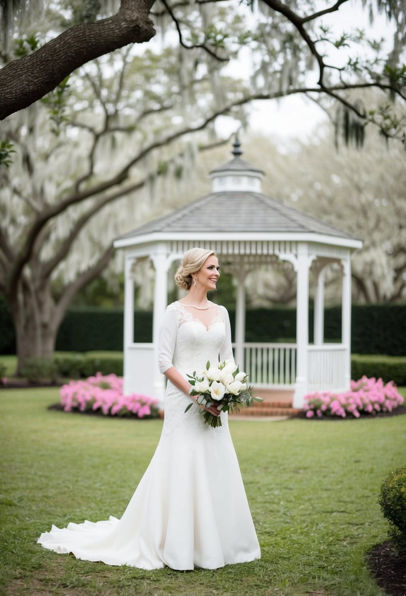 A Southern Belle in a 3/4 sleeve wedding dress, standing in a garden surrounded by blooming magnolia trees and a charming gazebo