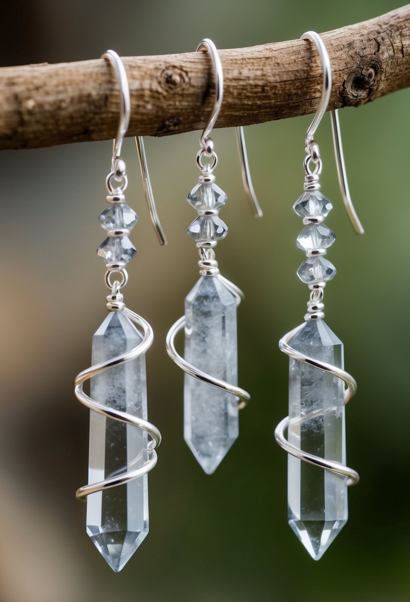 Rustic gray quartz crystals dangle from silver spirals in elegant wedding earring designs