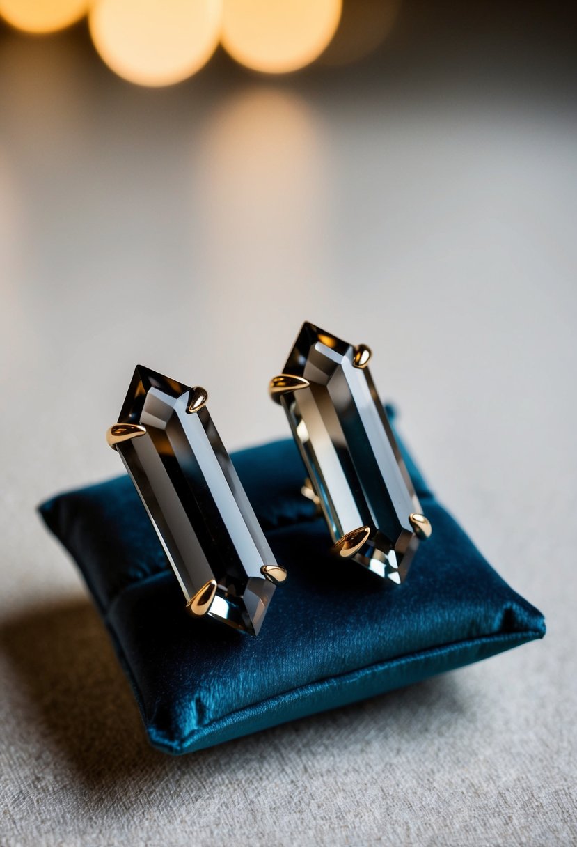 Two mismatched smoky gray quartz crystal earrings displayed on a velvet cushion, with soft lighting to highlight their elegance