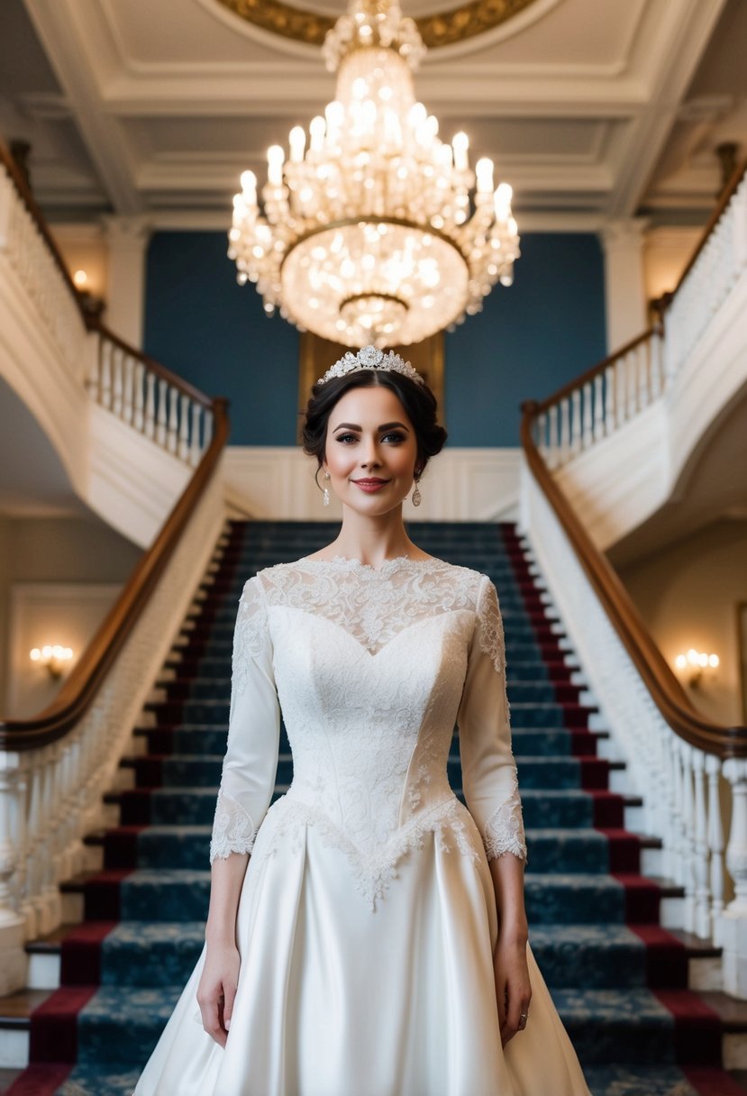 A bride in a 3/4 sleeve Victorian wedding dress, standing in a grand ballroom with ornate chandeliers and a sweeping staircase