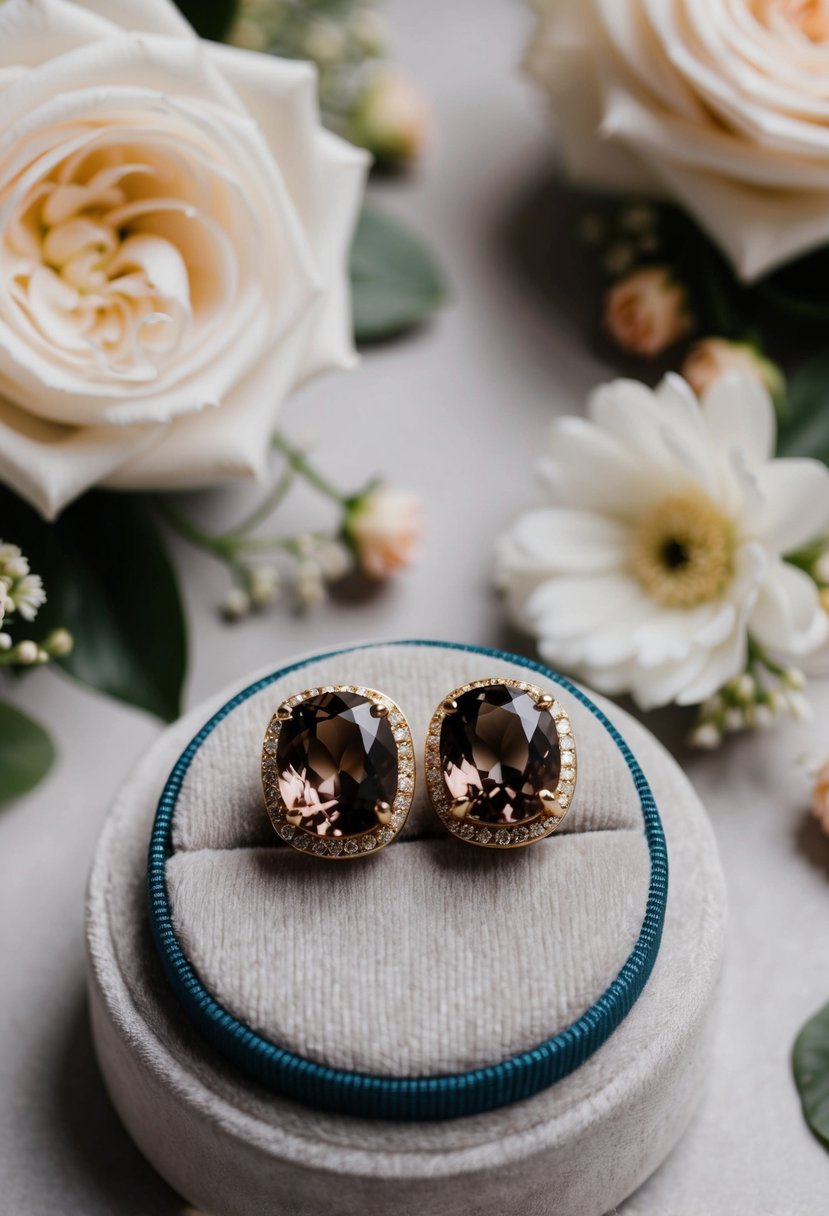 A pair of statement smoky quartz halo earrings displayed on a velvet cushion, surrounded by soft, romantic lighting, and delicate floral accents