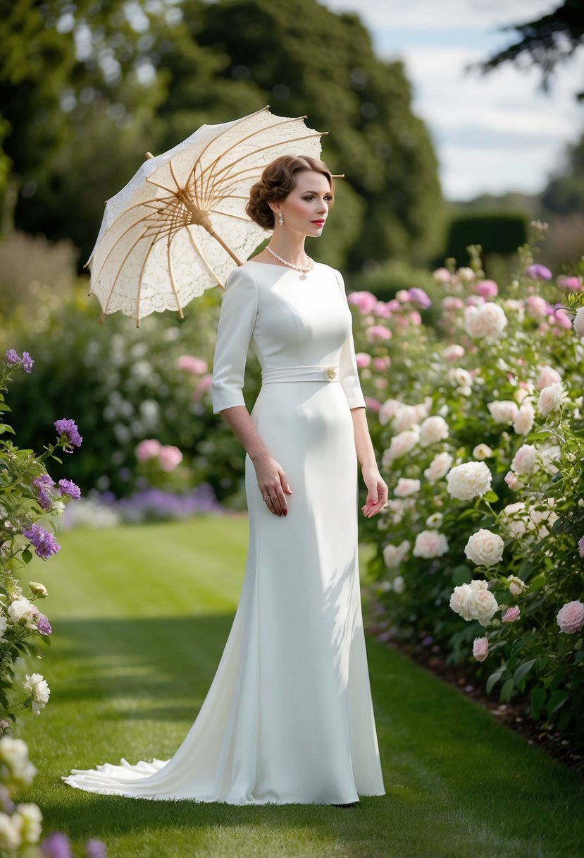 A bride in an Edwardian sheath wedding dress, with 3/4 sleeves, stands in a garden surrounded by blooming flowers and a vintage lace parasol